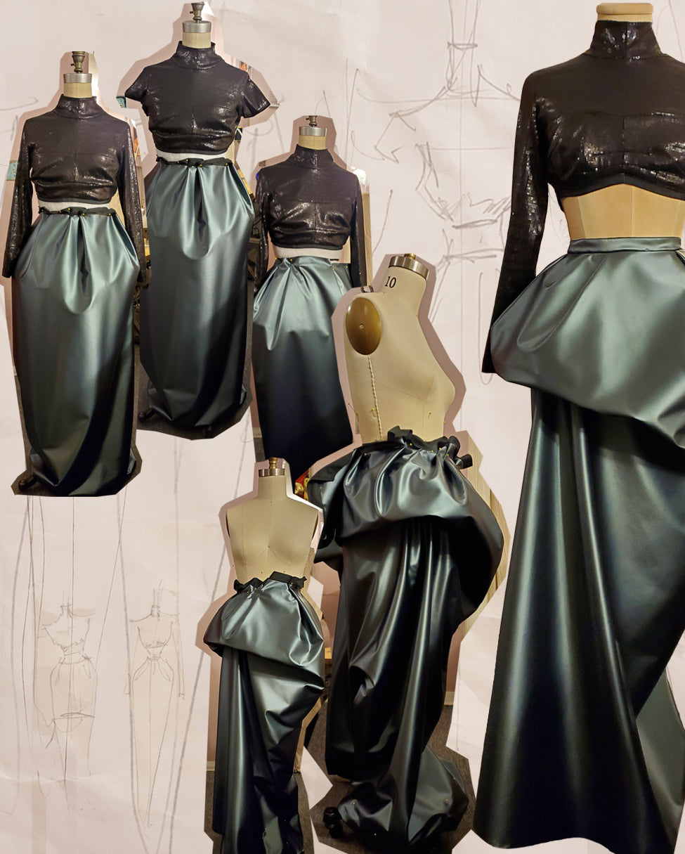 A collage showing the process of a custom-made outfit on mannequins. The top features a cropped black sequin long sleeve blouse with high neck. And the skirt is metallic teal upcycled faux leather that has been draped into an asymmetric peplum with three long folded pleats. High fashion indeed.