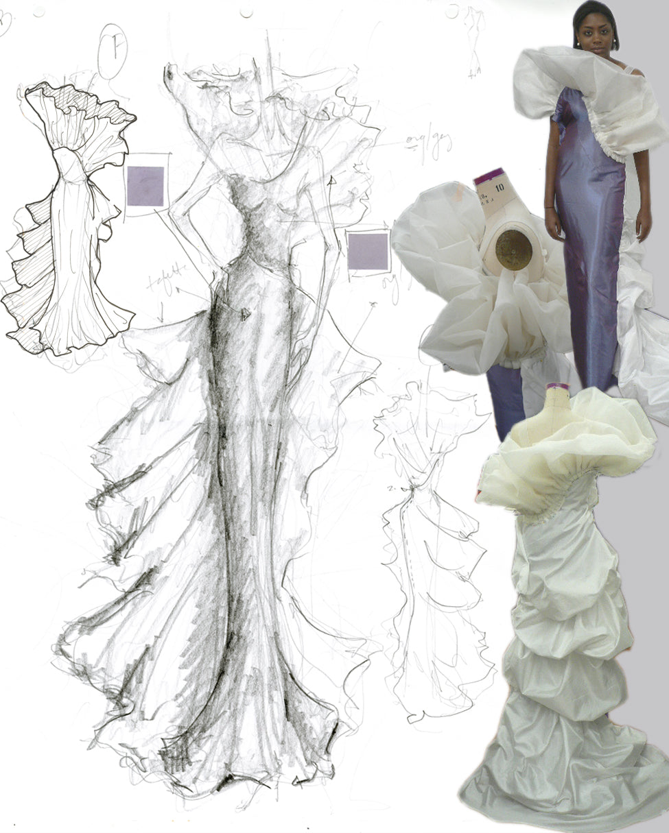 A collage showing the process of creating a custom ordered gown from sketch to muslin prototype. A hand-drawn sketch shows an elegant gown with dramatic draped ruffles. Next to it is a model in a sample of what the sketch looks like in reality.