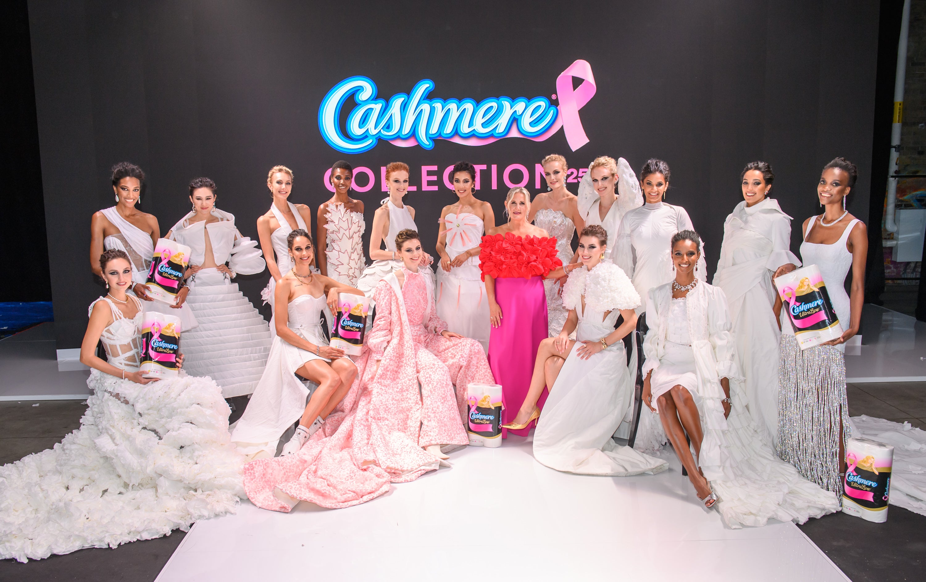 The Cashmere Collection 2025 models in their stunning looks with Susan Irving, CMO of Kruger Products, in the middle. Photo credit: George Pimentel.