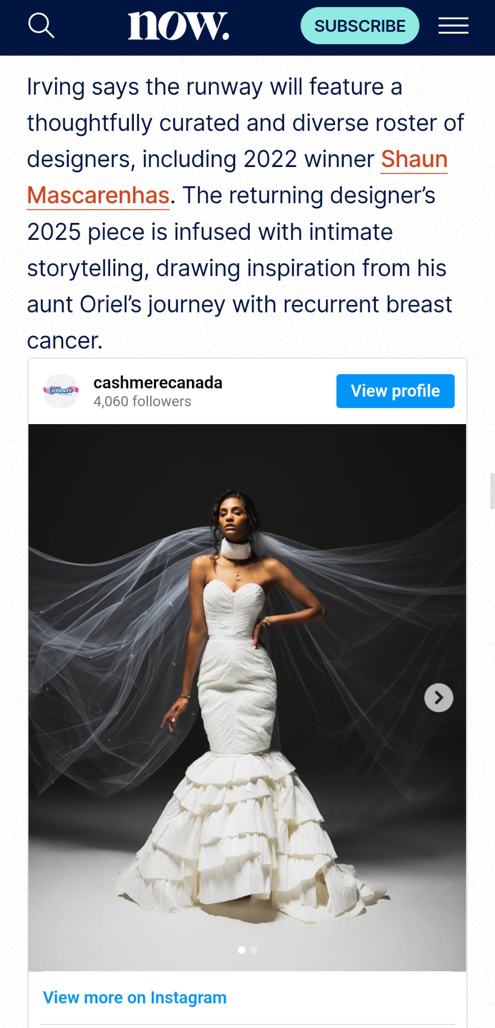 NOW Toronto article featuring Demascaré's participation in Cashmere Collection, referencing their winning design in 2022.