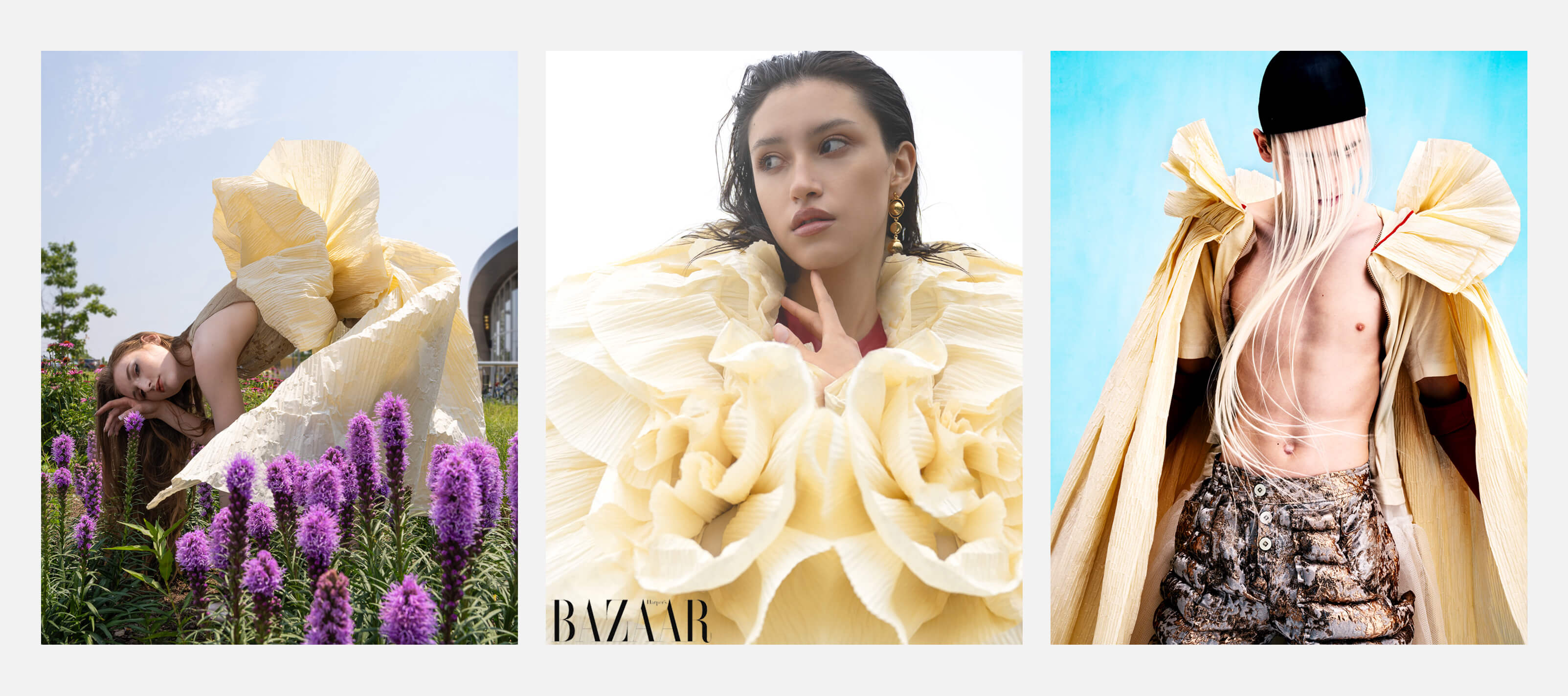 Avant-garde fashion portraits featuring sculptural pleated paper Demascare garments styled in floral, editorial, and artistic high-fashion settings.