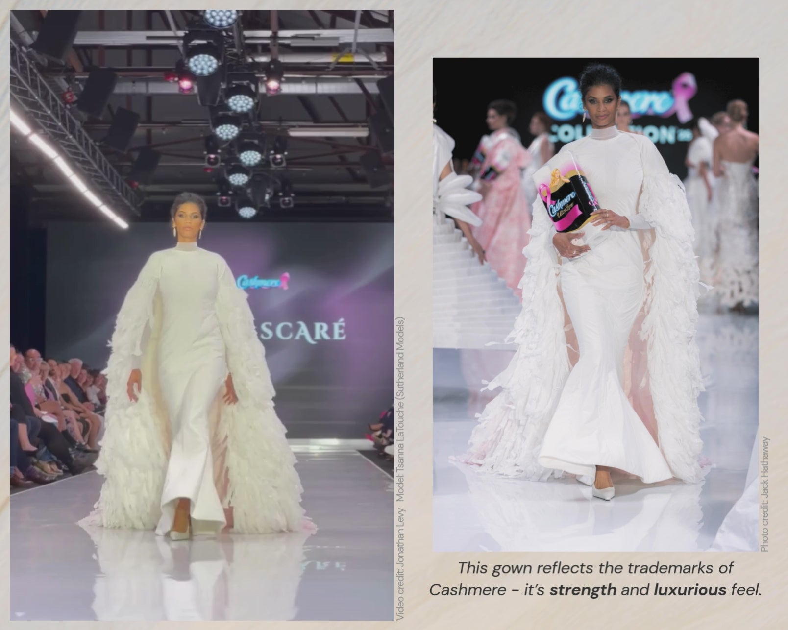 Collage of model, Tsanna Latouche, walking the runway in Demascaré for Cashmere Collection 2025, and of her holding a bundle of Cashmere Ultraluxe bathroom tissue.